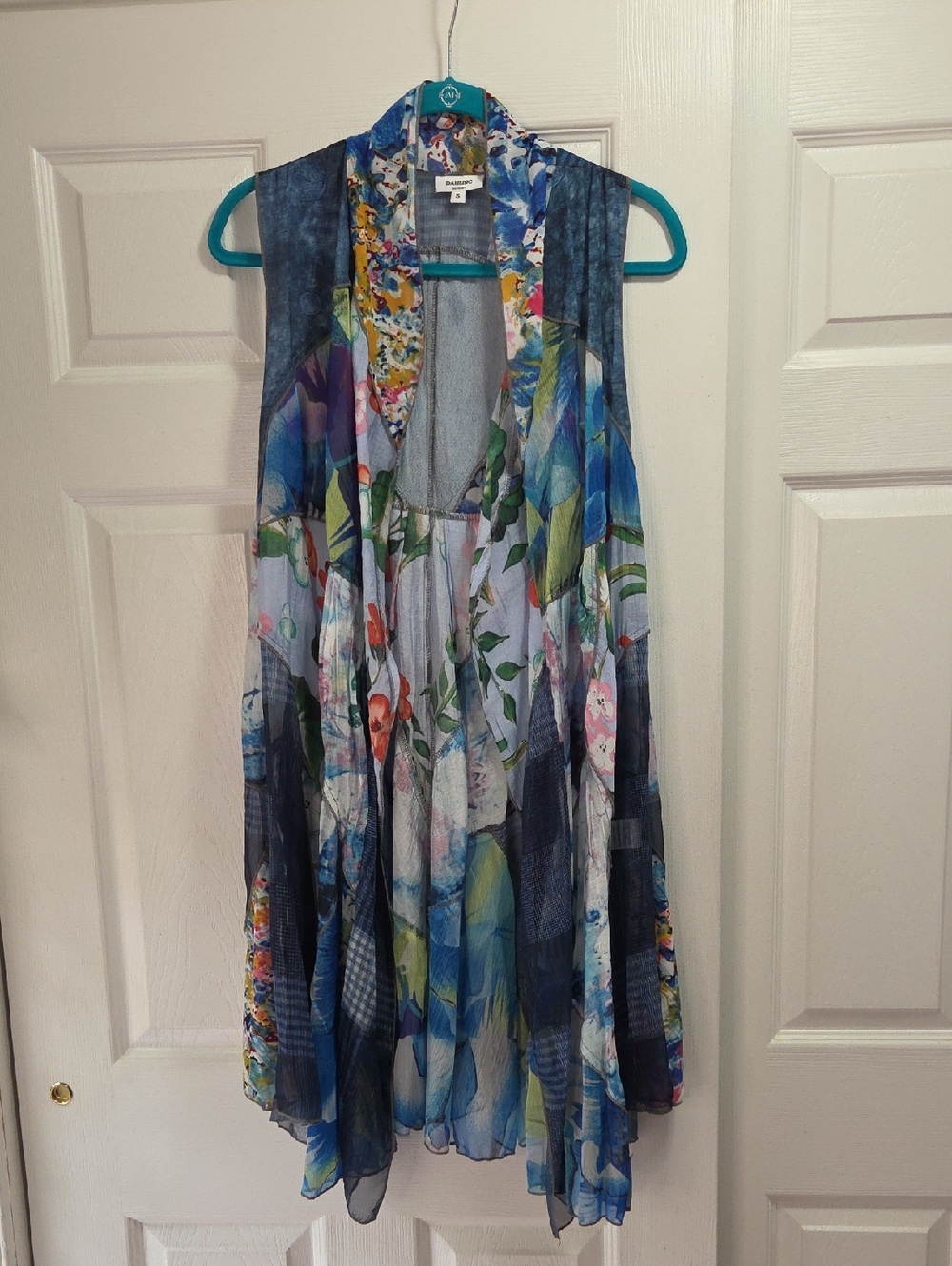 Dahling Lightweight Floral Watercolor Patchwork Open Vest